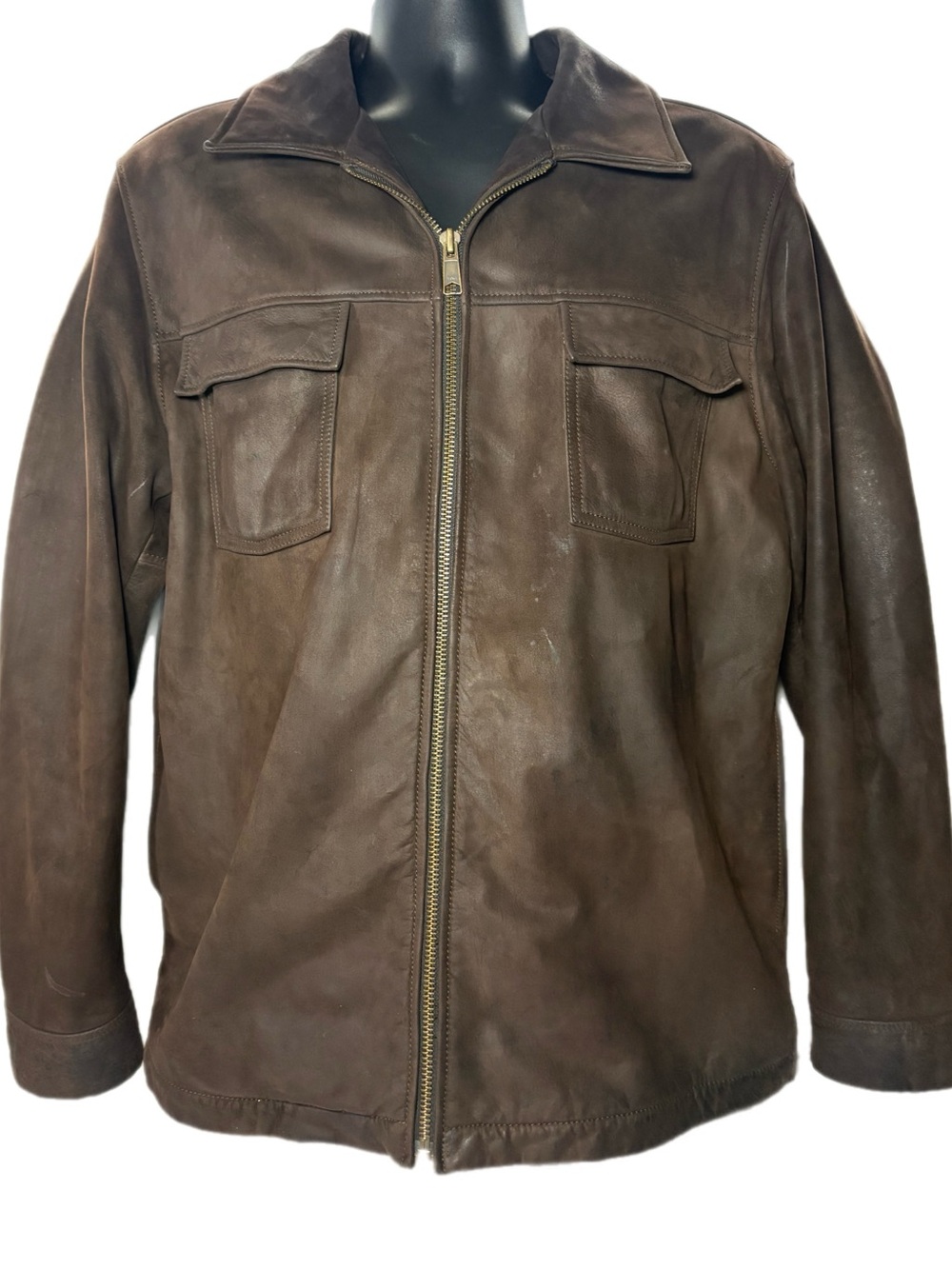 GAP Men's Brown Leather Bomber Jacket with Zip Front